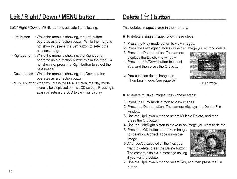 Left / right / down / menu button delete, Button | Samsung AQ 1O0 User Manual | Page 71 / 105