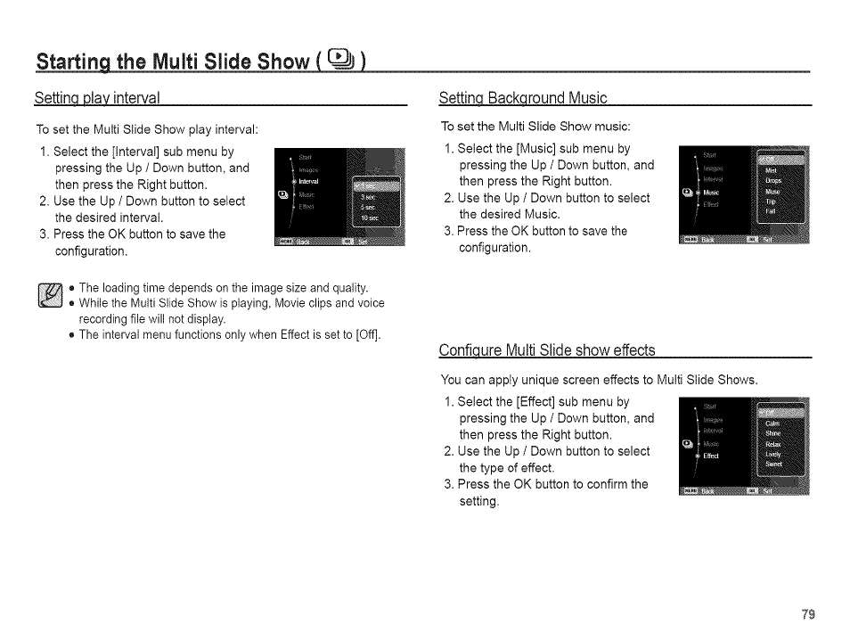 Starting the multi slide show ( q) ), Starting the, Slide show ( q) ) | Multi | Samsung AQ 1O0 User Manual | Page 80 / 105