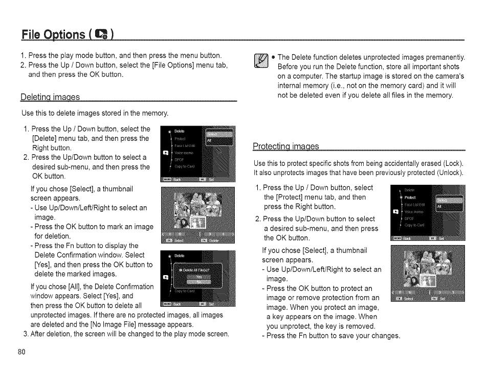 File options (p), Deleting images, Protecting images | Samsung AQ 1O0 User Manual | Page 81 / 105