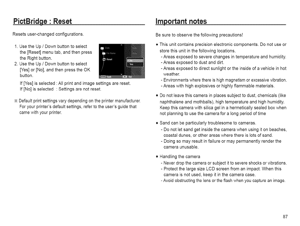Pictbridae : reset, Important notes | Samsung AQ 1O0 User Manual | Page 88 / 105