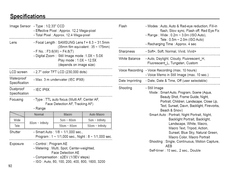 Specifications | Samsung AQ 1O0 User Manual | Page 93 / 105