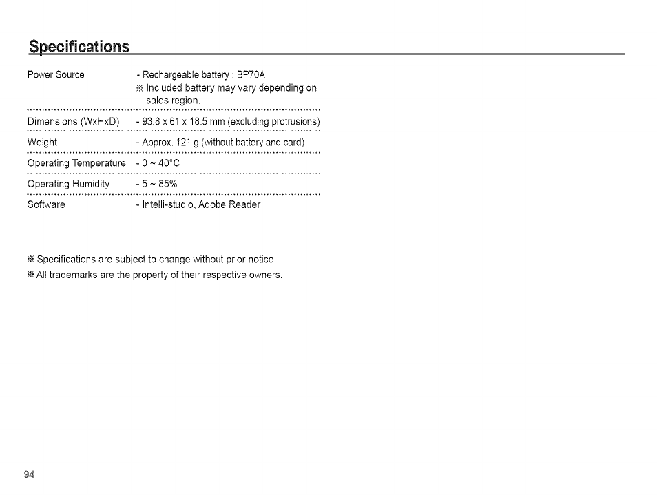 Specifications | Samsung AQ 1O0 User Manual | Page 95 / 105