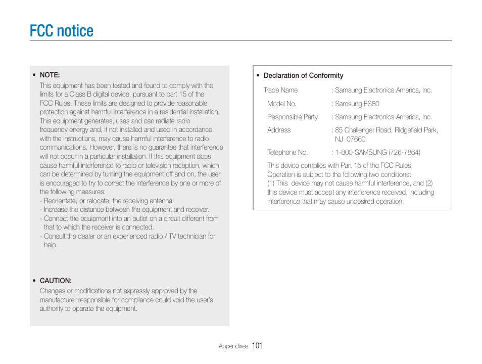 Fcc notice | Samsung ES80 User Manual | Page 102 / 106