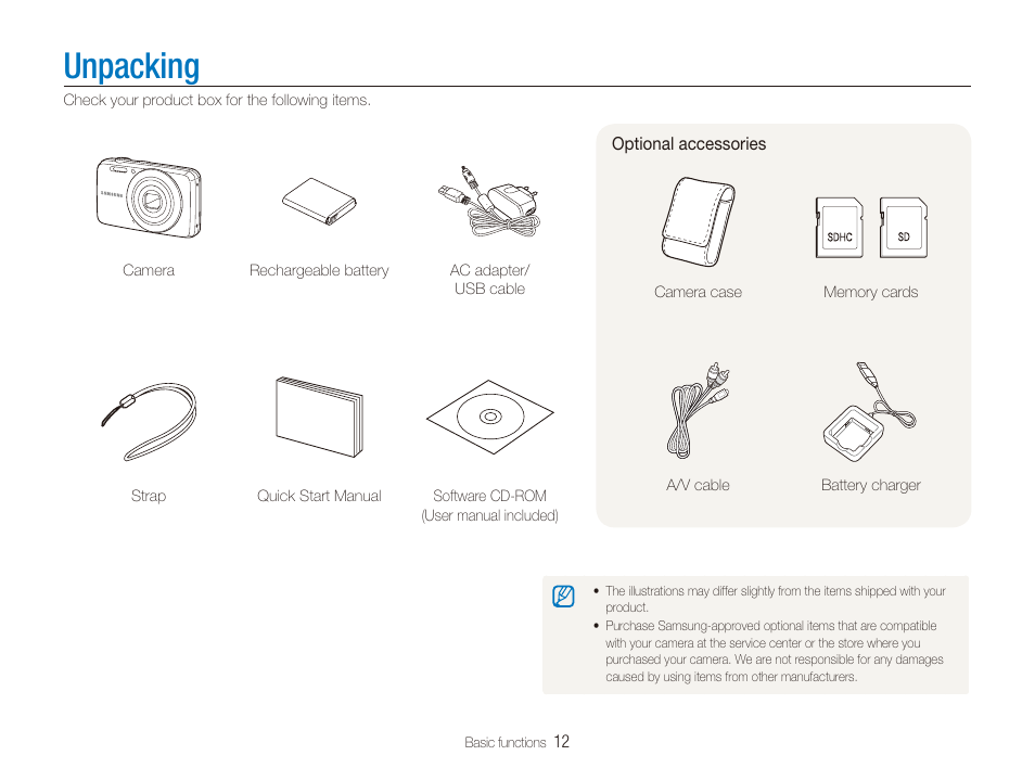 Unpacking | Samsung ES80 User Manual | Page 13 / 106