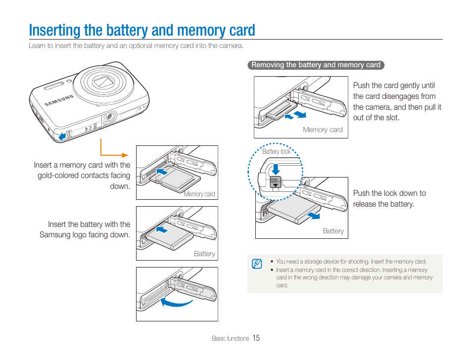 Inserting the battery and memory card | Samsung ES80 User Manual | Page 16 / 106