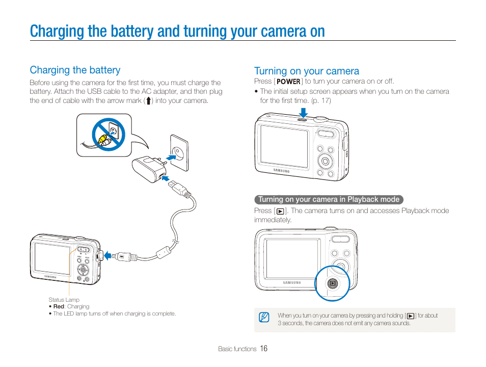 Charging the battery and turning your camera on, Charging the battery, Turning on your camera | Samsung ES80 User Manual | Page 17 / 106