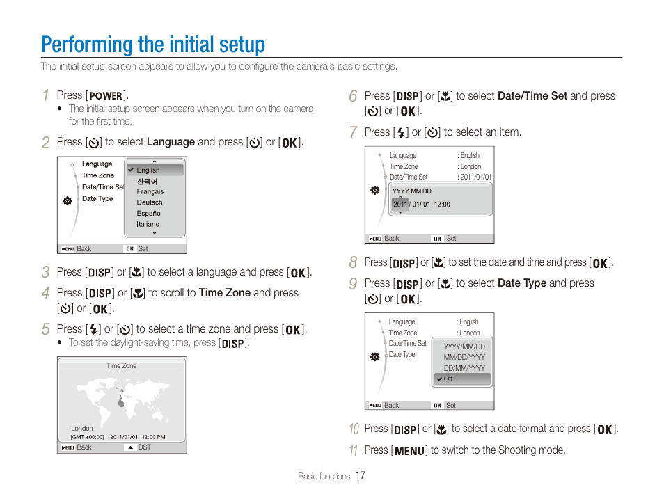 Performing the initial setup | Samsung ES80 User Manual | Page 18 / 106