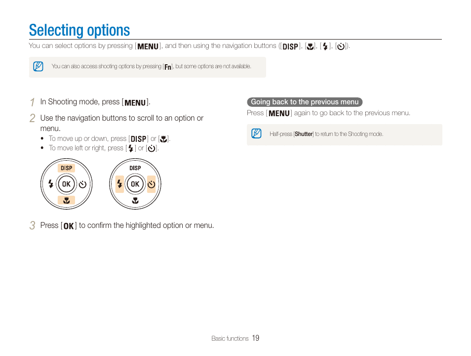 Selecting options | Samsung ES80 User Manual | Page 20 / 106