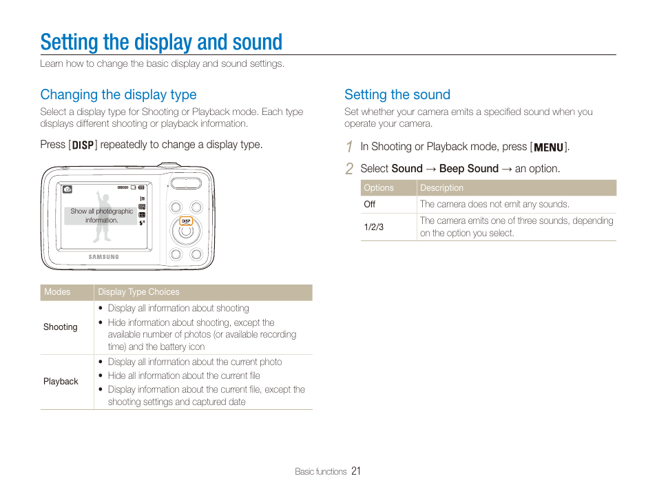 Setting the display and sound, Changing the display type, Setting the sound | Samsung ES80 User Manual | Page 22 / 106