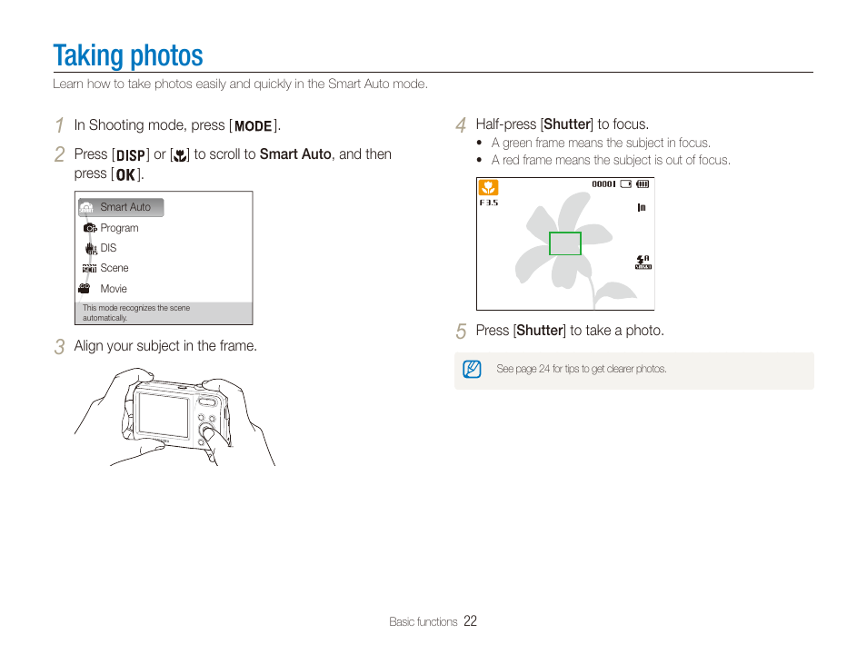 Taking photos | Samsung ES80 User Manual | Page 23 / 106