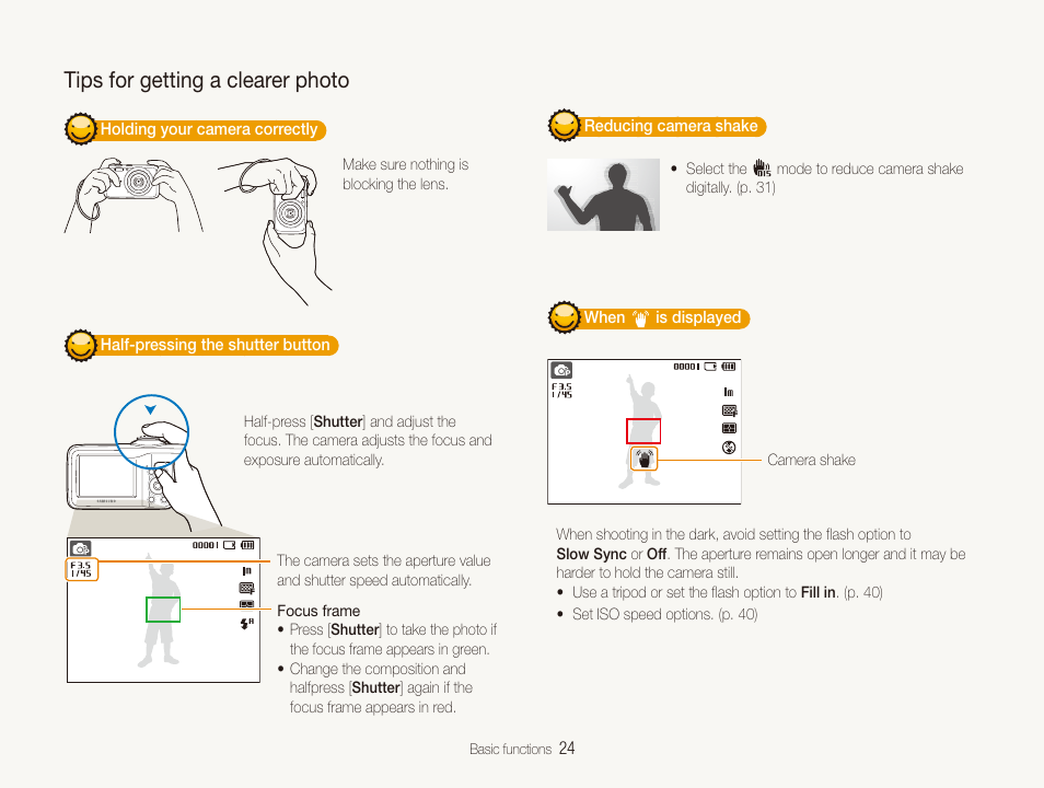 Tips for getting a clearer photo | Samsung ES80 User Manual | Page 25 / 106