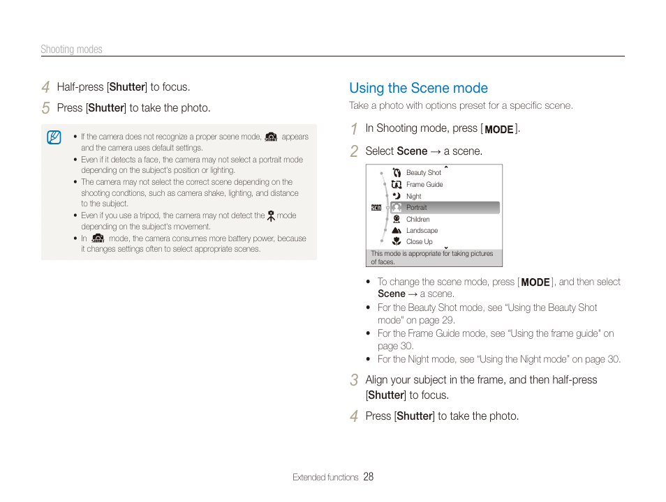 Using the scene mode, Mode. (p. 28), Using the scene mode …………………… 28 | Samsung ES80 User Manual | Page 29 / 106