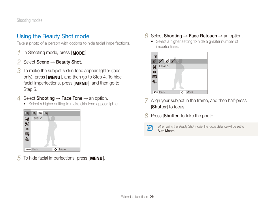 Using the beauty shot mode, Using the beauty shot mode …………… 29 | Samsung ES80 User Manual | Page 30 / 106