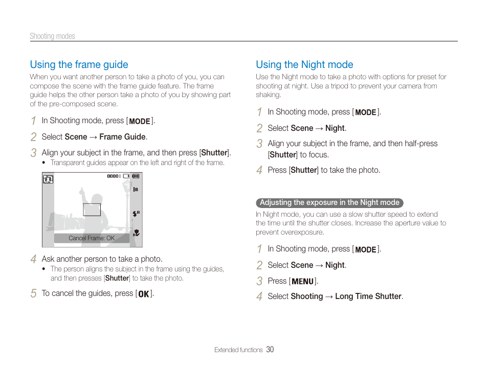 Using the frame guide, Using the night mode, Mode. (p. 30) | Samsung ES80 User Manual | Page 31 / 106
