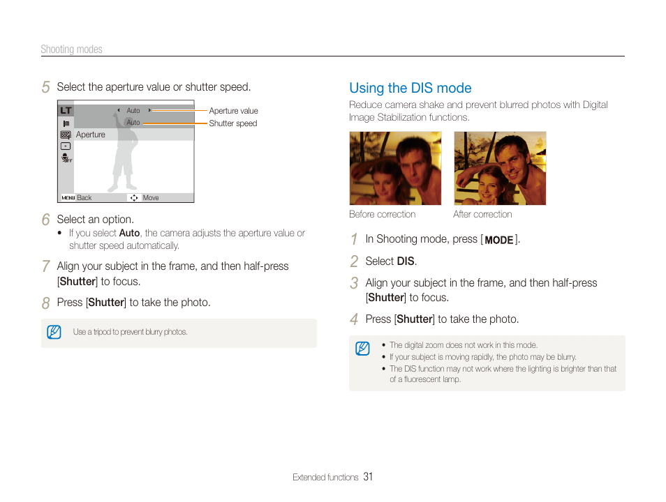 Using the dis mode, Mode. (p. 31), Using the dis mode ……………………… 31 | Samsung ES80 User Manual | Page 32 / 106