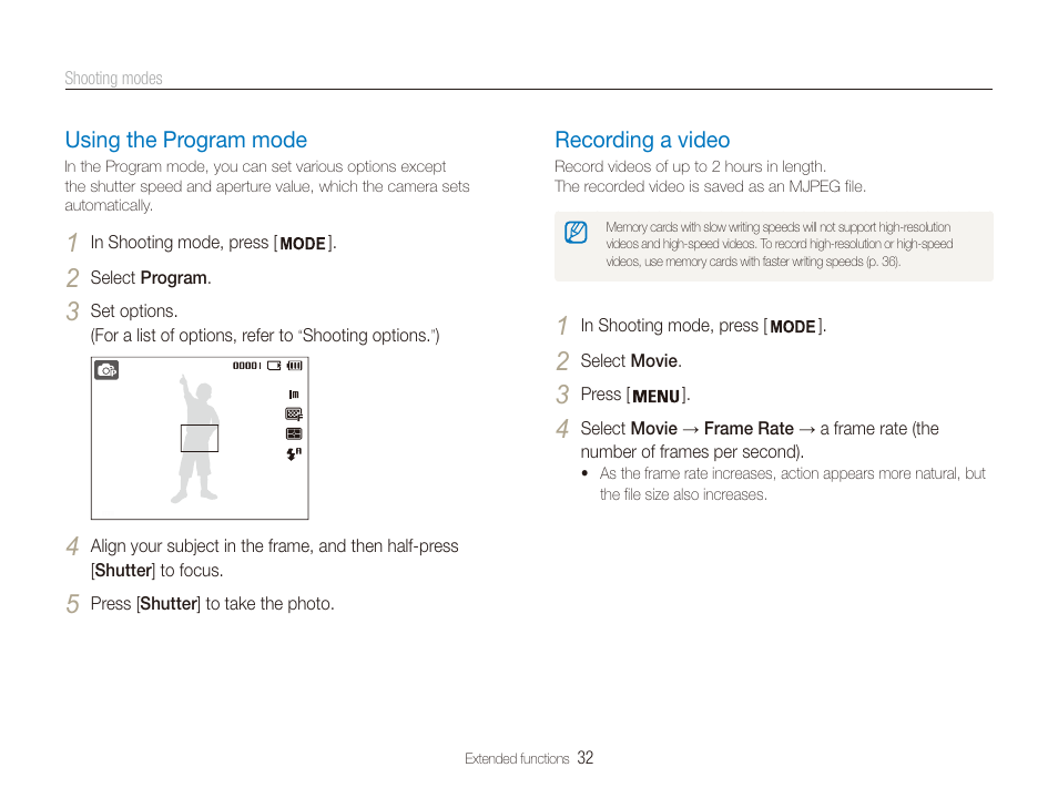 Using the program mode, Recording a video | Samsung ES80 User Manual | Page 33 / 106