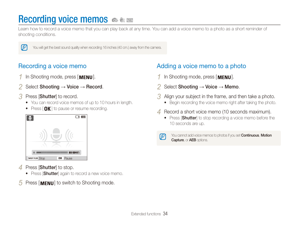 Recording voice memos, Recording a voice memo, Adding a voice memo to a photo | Samsung ES80 User Manual | Page 35 / 106