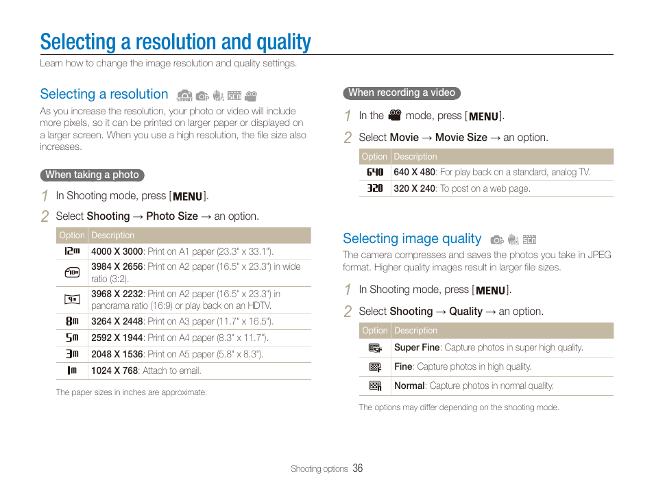 Selecting a resolution and quality, Selecting a resolution, Selecting image quality | Samsung ES80 User Manual | Page 37 / 106