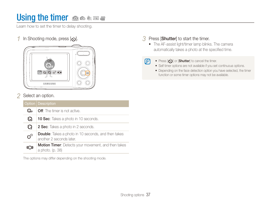 Using the timer | Samsung ES80 User Manual | Page 38 / 106