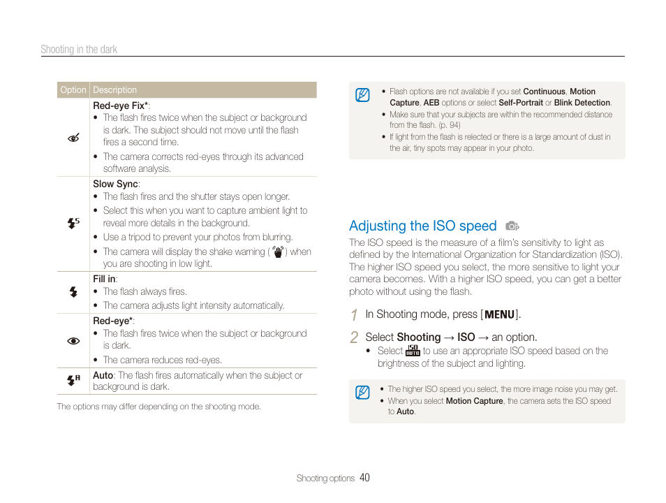 Adjusting the iso speed, Set iso speed options. (p.40), Set iso speed options. (p. 40) | P. 40), Adjusting the iso speed ………………… 40 | Samsung ES80 User Manual | Page 41 / 106