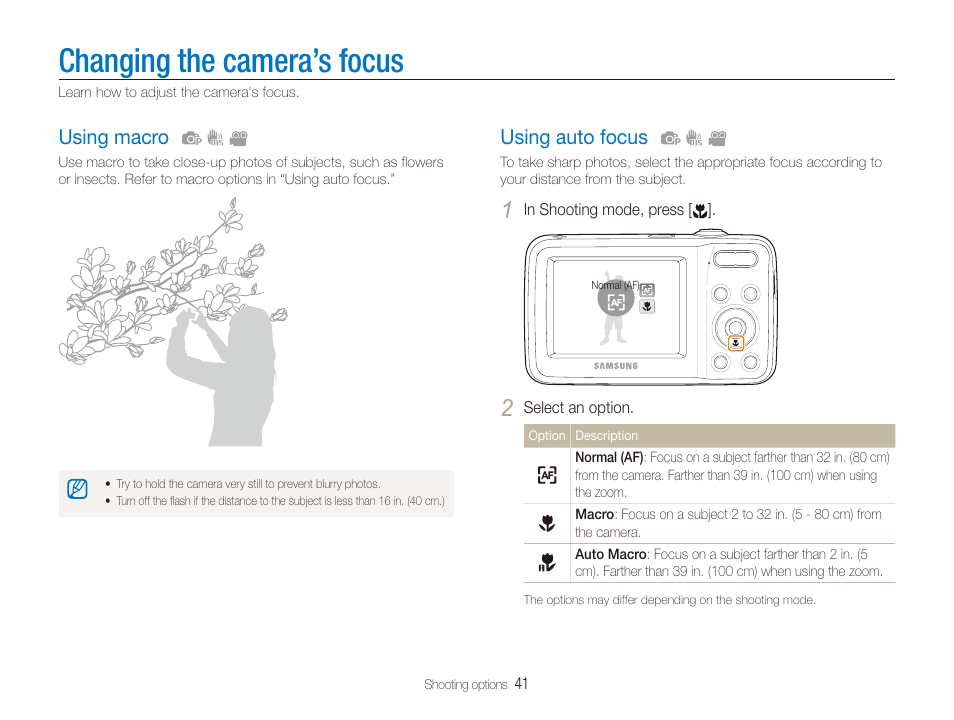 Changing the camera’s focus, Using macro, Using auto focus | Samsung ES80 User Manual | Page 42 / 106