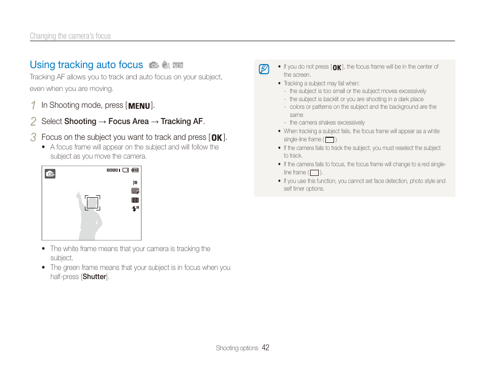 Using tracking auto focus, Using tracking auto focus ………………… 42 | Samsung ES80 User Manual | Page 43 / 106