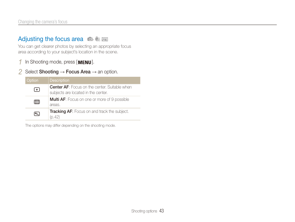 Adjusting the focus area, Adjusting the focus area ………………… 43 | Samsung ES80 User Manual | Page 44 / 106