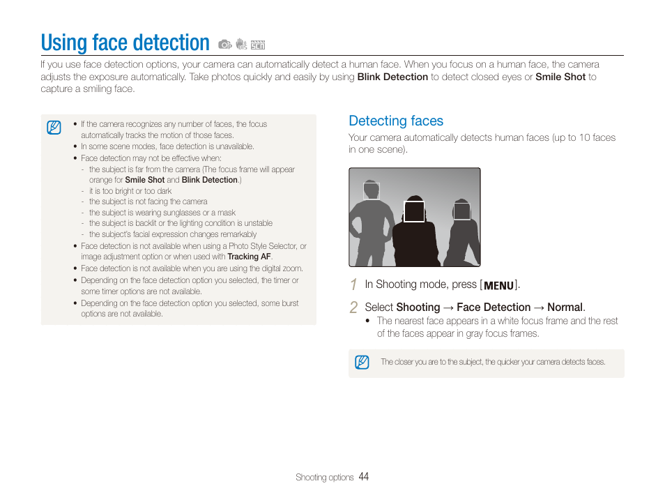 Using face detection, Detecting faces, Detecting faces …………………………… 44 | Samsung ES80 User Manual | Page 45 / 106