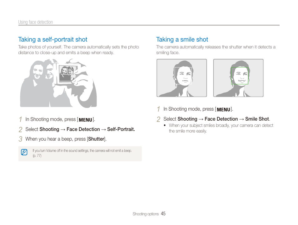 Taking a self-portrait shot, Taking a smile shot | Samsung ES80 User Manual | Page 46 / 106