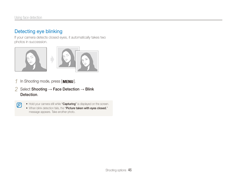 Detecting eye blinking, Detecting eye blinking …………………… 46 | Samsung ES80 User Manual | Page 47 / 106