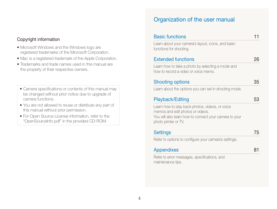 Organization of the user manual | Samsung ES80 User Manual | Page 5 / 106