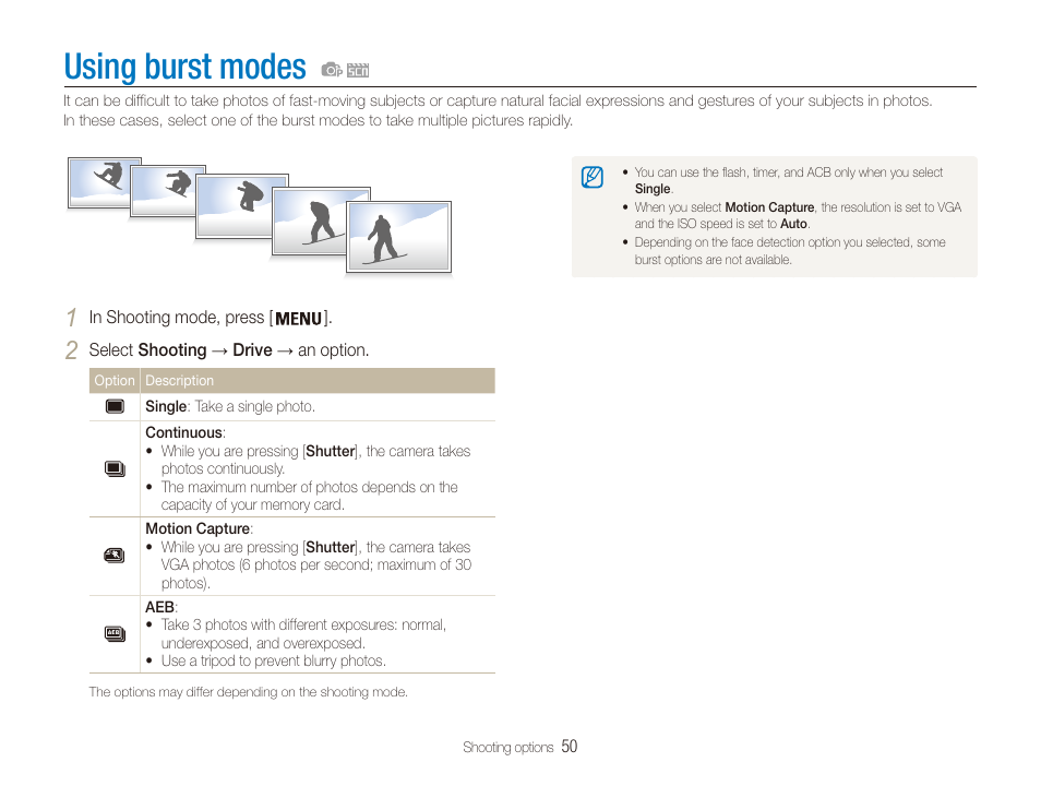 Using burst modes | Samsung ES80 User Manual | Page 51 / 106