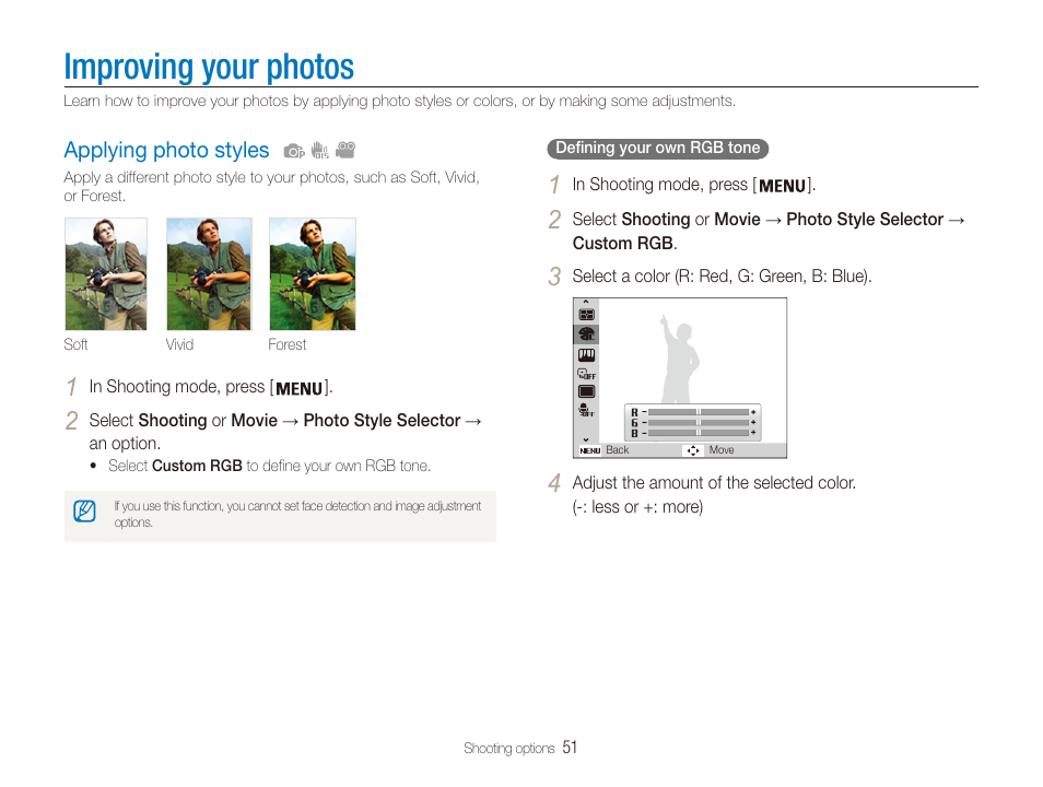 Improving your photos, Applying photo styles, Applying photo styles …………………… 51 | Samsung ES80 User Manual | Page 52 / 106