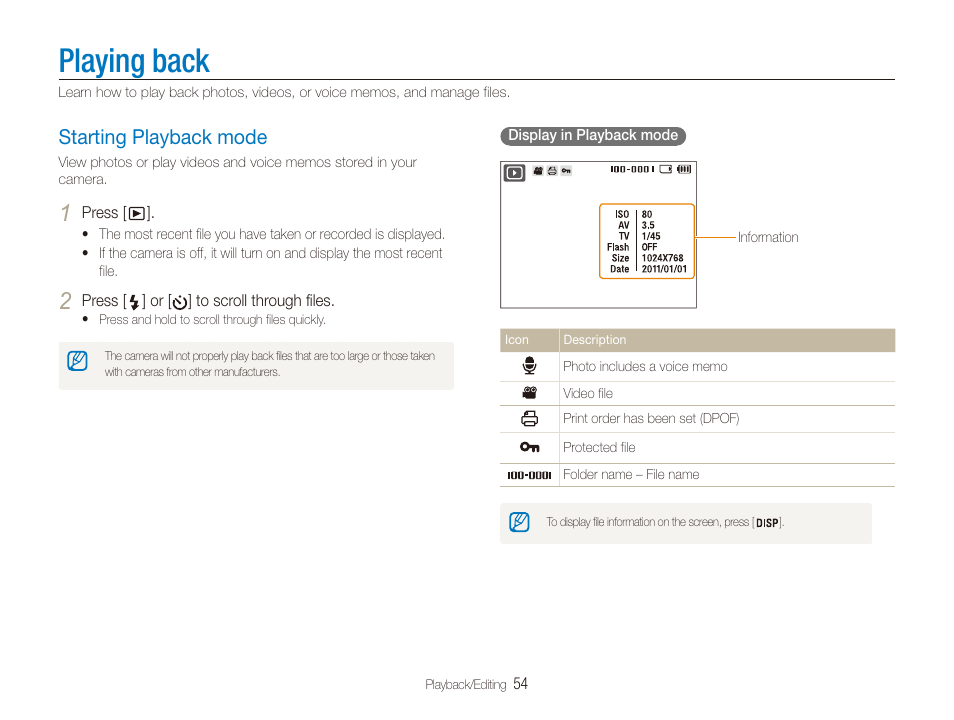 Playing back, Starting playback mode, Starting playback mode ………………… 54 | Samsung ES80 User Manual | Page 55 / 106
