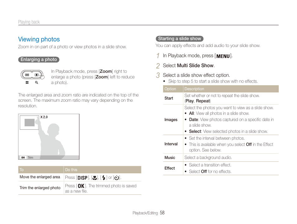 Viewing photos, Viewing photos …………………………… 58 | Samsung ES80 User Manual | Page 59 / 106