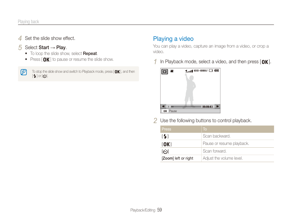 Playing a video, Playing a video …………………………… 59 | Samsung ES80 User Manual | Page 60 / 106