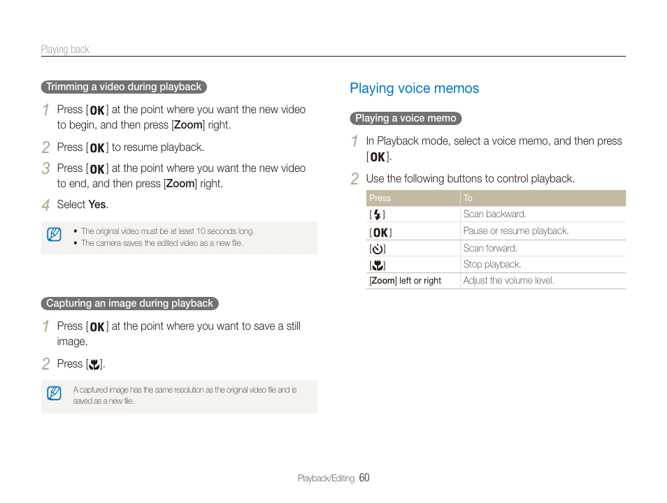 Playing voice memos, Playing voice memos …………………… 60 | Samsung ES80 User Manual | Page 61 / 106