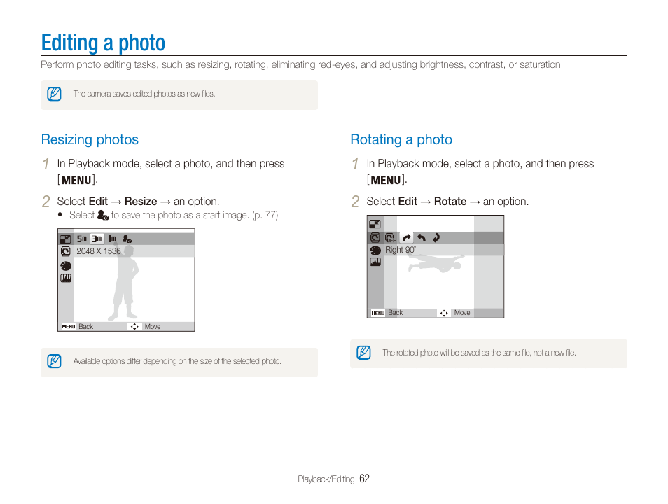 Editing a photo, Resizing photos, Rotating a photo | Samsung ES80 User Manual | Page 63 / 106