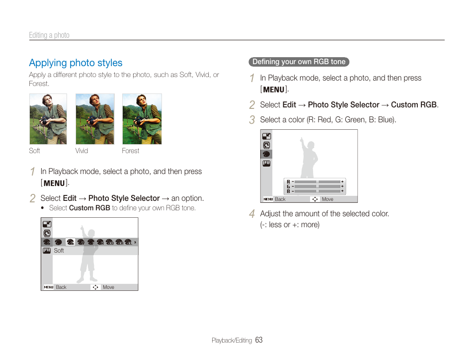 Applying photo styles, Applying photo styles …………………… 63 | Samsung ES80 User Manual | Page 64 / 106