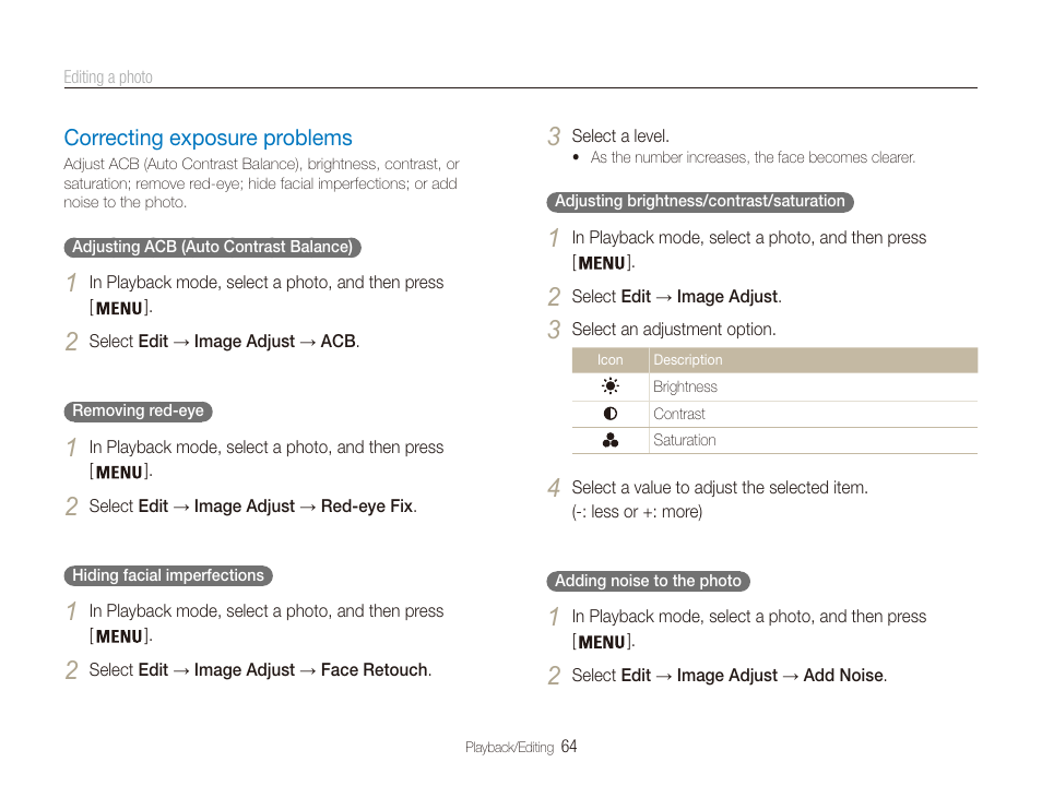 Correcting exposure problems, In the edit menu. (p. 64), Correcting exposure problems …………… 64 | Samsung ES80 User Manual | Page 65 / 106