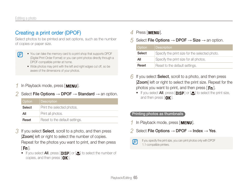 Creating a print order (dpof), Creating a print order (dpof) …………… 65 | Samsung ES80 User Manual | Page 66 / 106