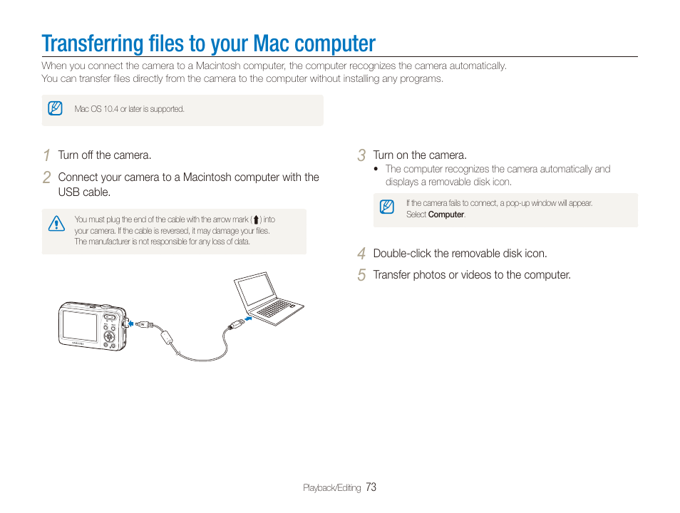 Transferring files to your mac computer | Samsung ES80 User Manual | Page 74 / 106