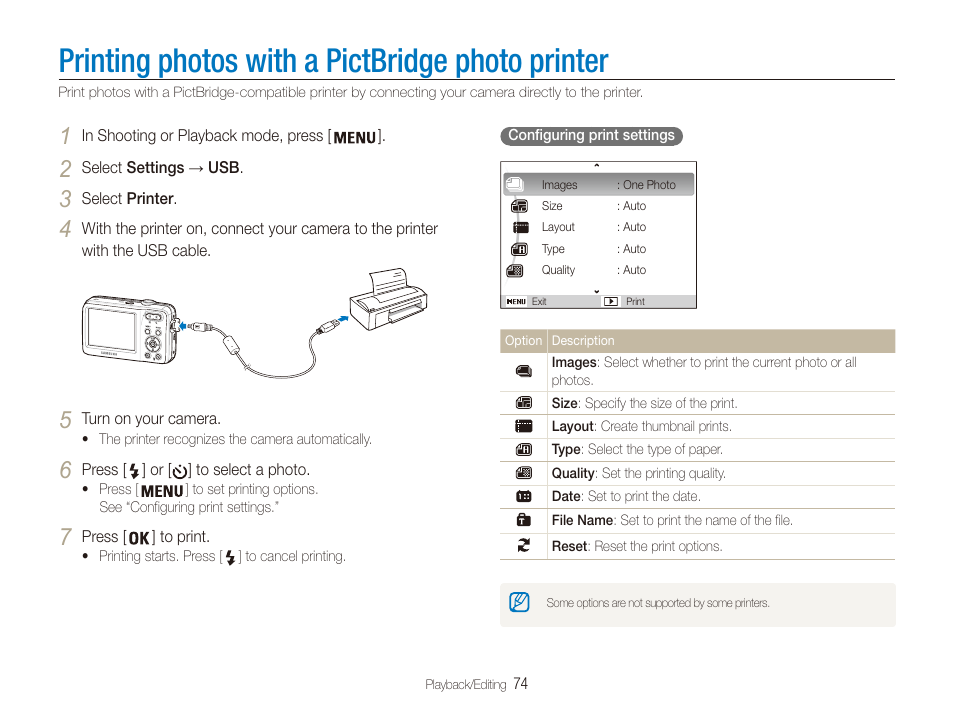 Printing photos with a pictbridge photo printer | Samsung ES80 User Manual | Page 75 / 106