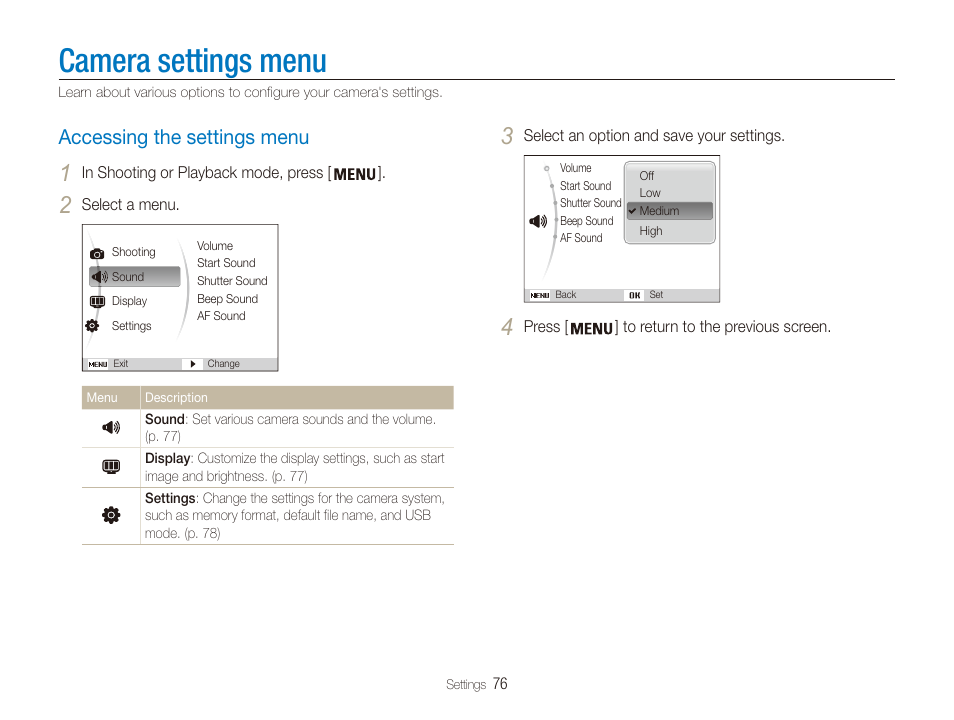 Camera settings menu, Accessing the settings menu, Accessing the settings menu …………… 76 | Samsung ES80 User Manual | Page 77 / 106