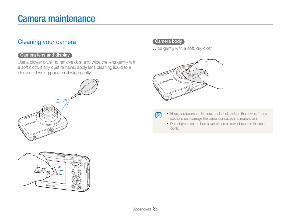 Camera maintenance, Cleaning your camera, Cleaning your camera …………………… 83 | Samsung ES80 User Manual | Page 84 / 106