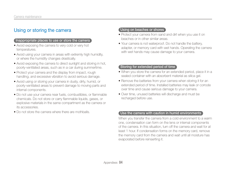 Using or storing the camera, Using or storing the camera ……………… 84 | Samsung ES80 User Manual | Page 85 / 106