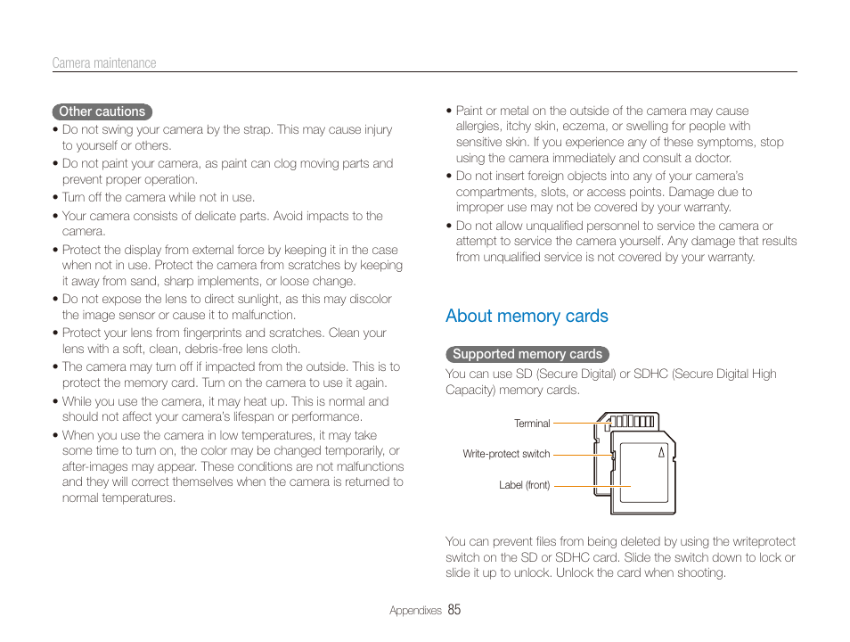 About memory cards, About memory cards …………………… 85 | Samsung ES80 User Manual | Page 86 / 106