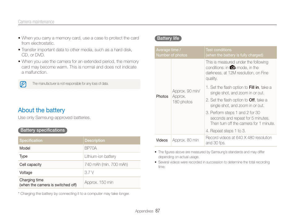 About the battery, About the battery ………………………… 87 | Samsung ES80 User Manual | Page 88 / 106