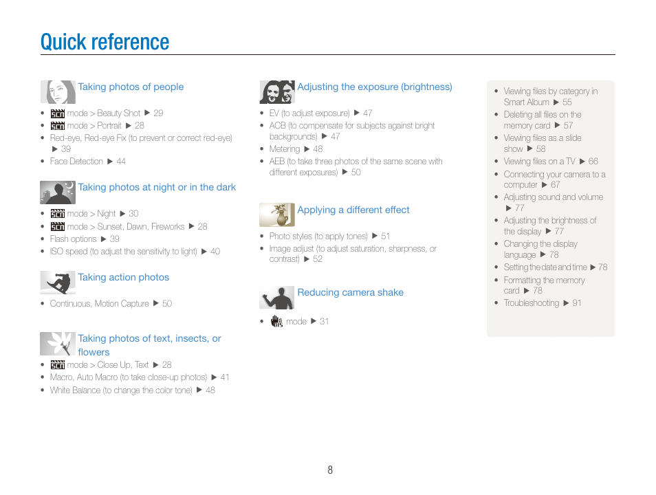 Quick reference | Samsung ES80 User Manual | Page 9 / 106