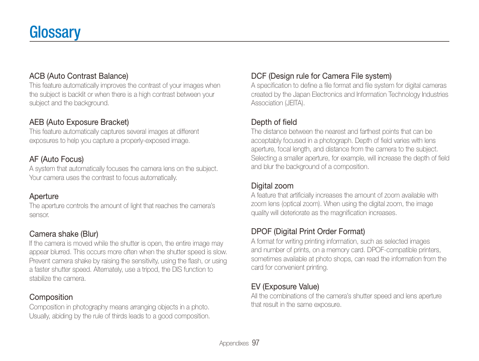 Glossary | Samsung ES80 User Manual | Page 98 / 106